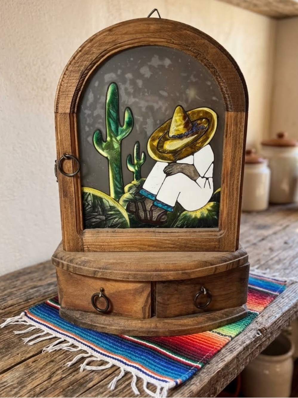 Mexican folk art-style wooden wall cabinet curio shelf
Glass insert
Key holder